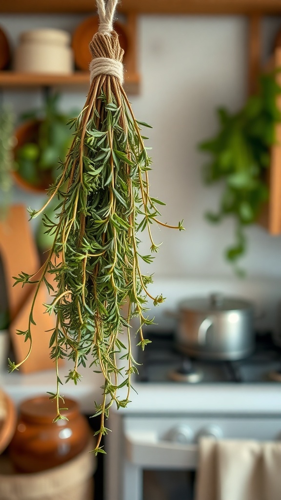 Fresh thyme hanging to dry in a kitchen setting