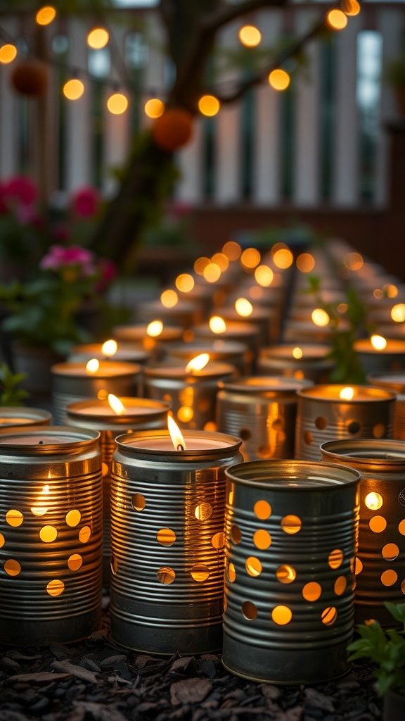 A row of tin can lanterns with flickering flames, creating a cozy atmosphere in a garden.