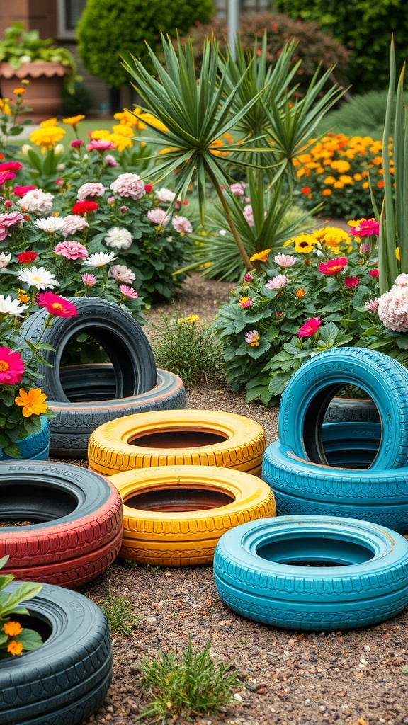Colorful tire seating in a garden surrounded by flowers