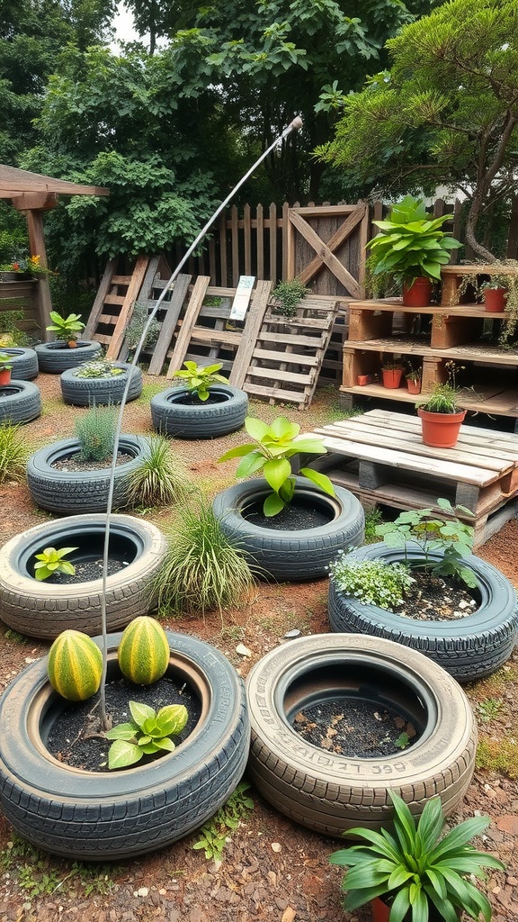 A garden with upcycled tire planters and wooden pallets.