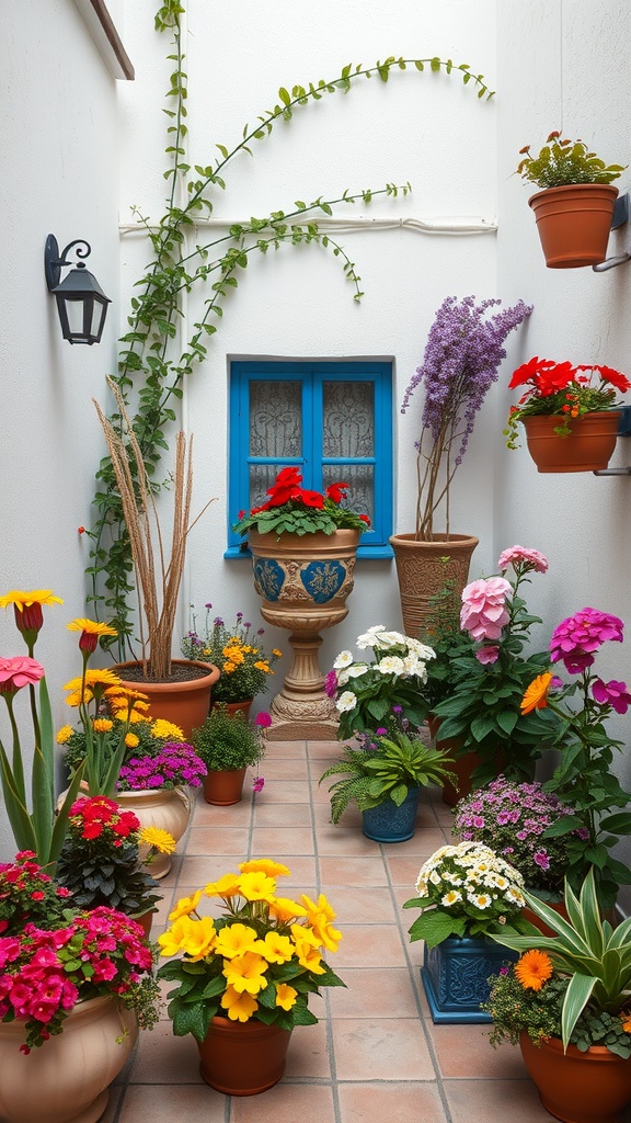A small courtyard garden filled with colorful flowers in pots, featuring a blue window and white walls.