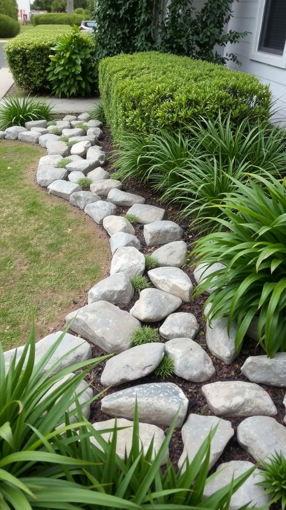Decorative stone pathway alongside green plants and bushes