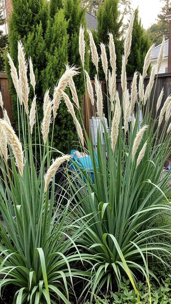 Tall ornamental grasses with feathery plumes growing in a garden.