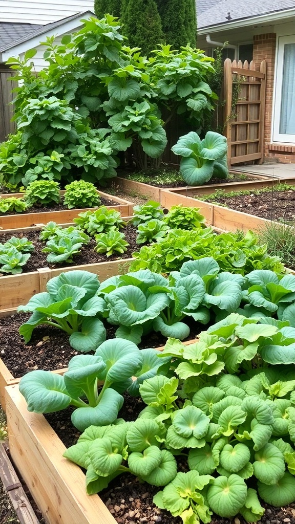 A backyard vegetable garden with raised beds filled with leafy greens and vegetables.