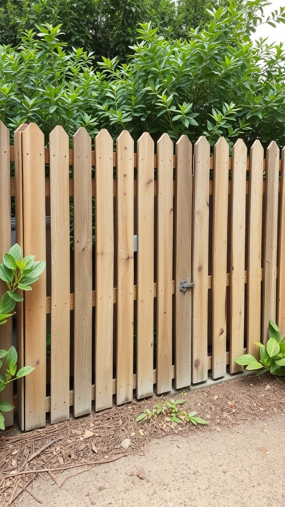 A rustic wooden garden fence made from reclaimed wood, surrounded by green plants.