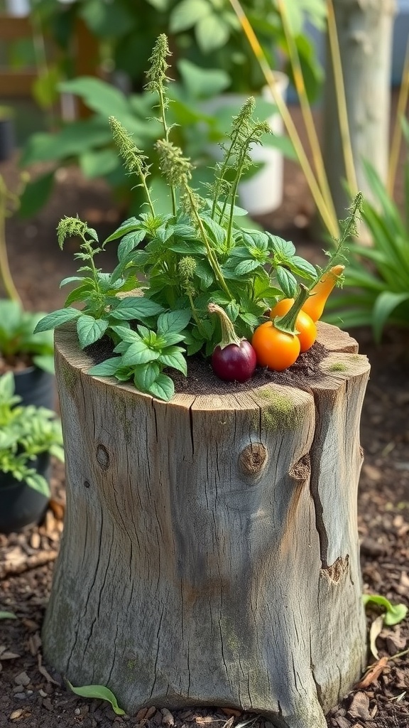 A tree stump planter filled with green herbs and colorful peppers.