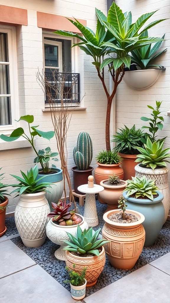 A small courtyard garden filled with various potted plants, showcasing different shapes and colors.