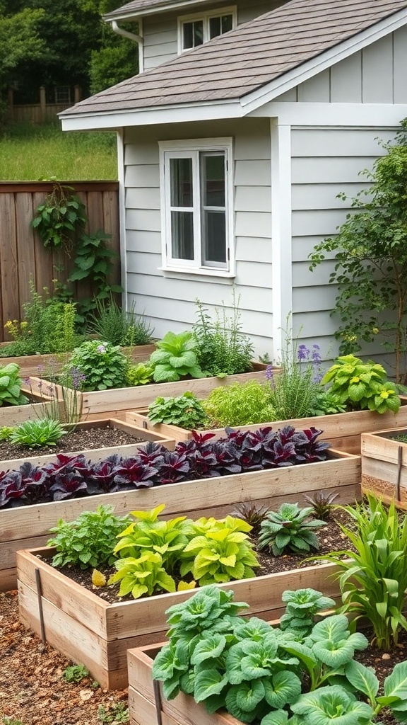 A side view of a house with several raised garden beds filled with various vegetables and herbs.