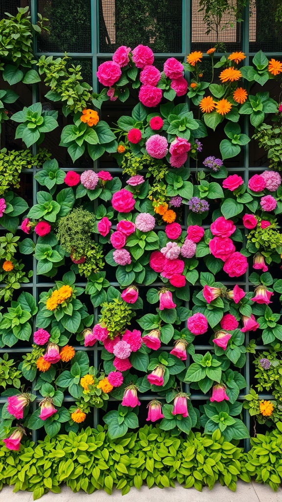 A vibrant vertical garden featuring a variety of colorful flowers and lush greenery on a wall.
