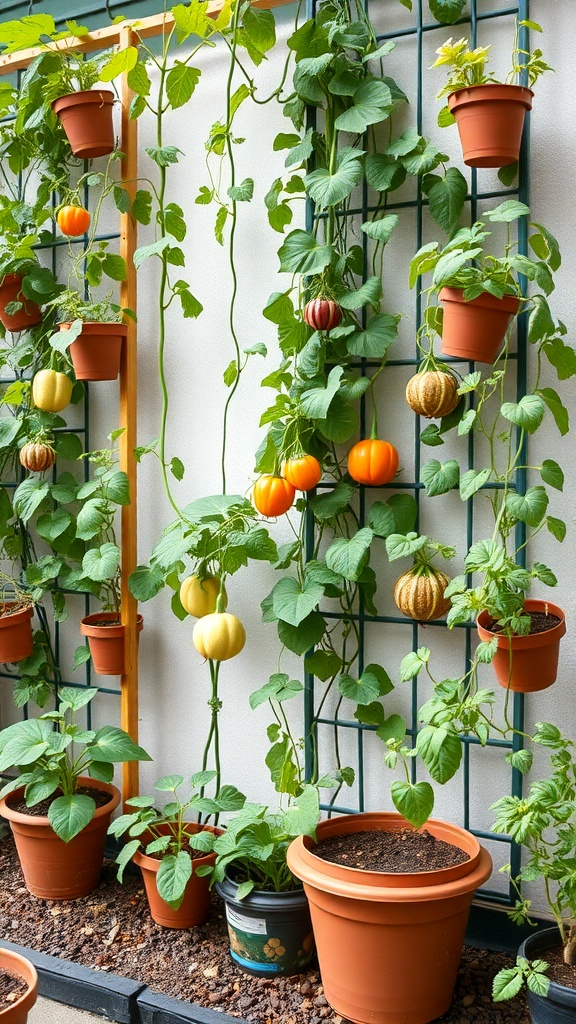 Vertical garden with pots of squash and pumpkins on a trellis.