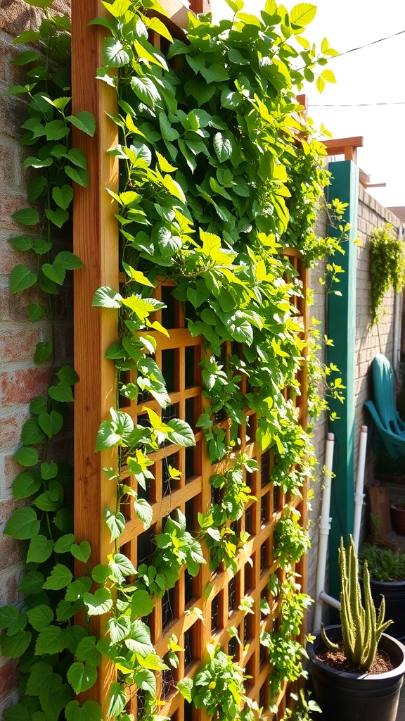 A wooden trellis covered in green vines, showcasing a vertical gardening solution.