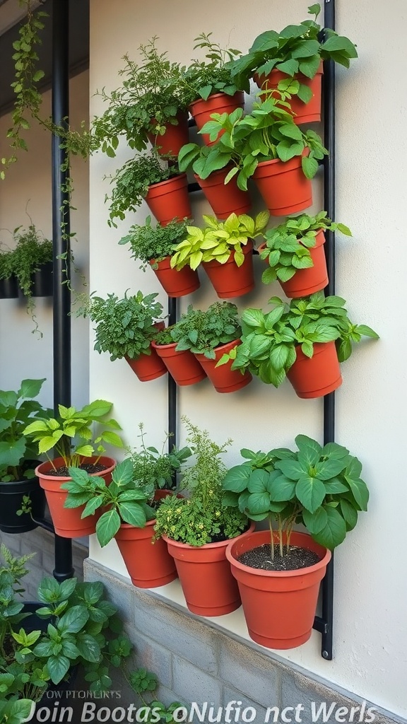 A vertical herb garden featuring various herbs in terracotta pots mounted on a wall.