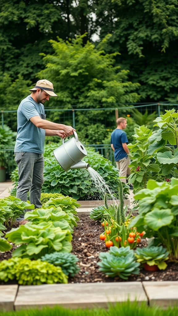 A person watering a vegetable garden with a watering can, surrounded by lush green plants and vegetables.