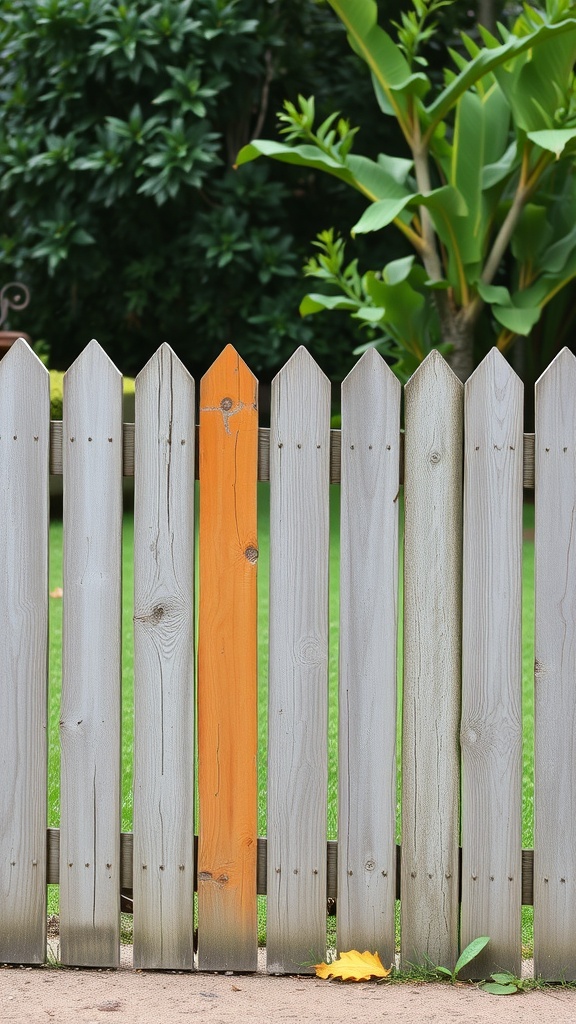 A rustic wooden fence with a weathered gray finish and one orange plank, surrounded by green plants.