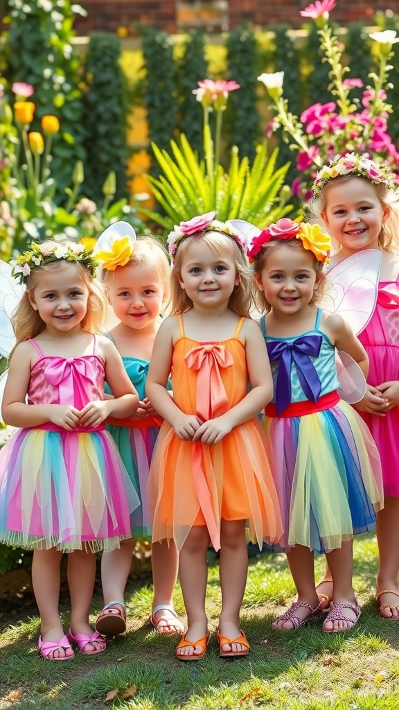 A group of young girls in colorful fairy costumes, smiling and posing in a garden.