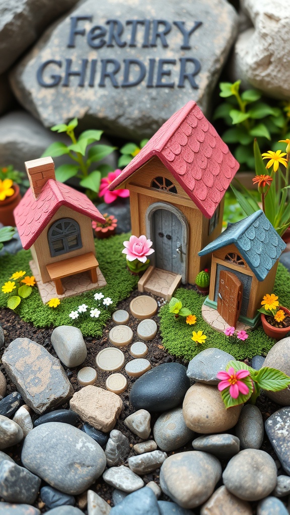 A whimsical fairy garden with colorful miniature houses, flowers, and a stone pathway.