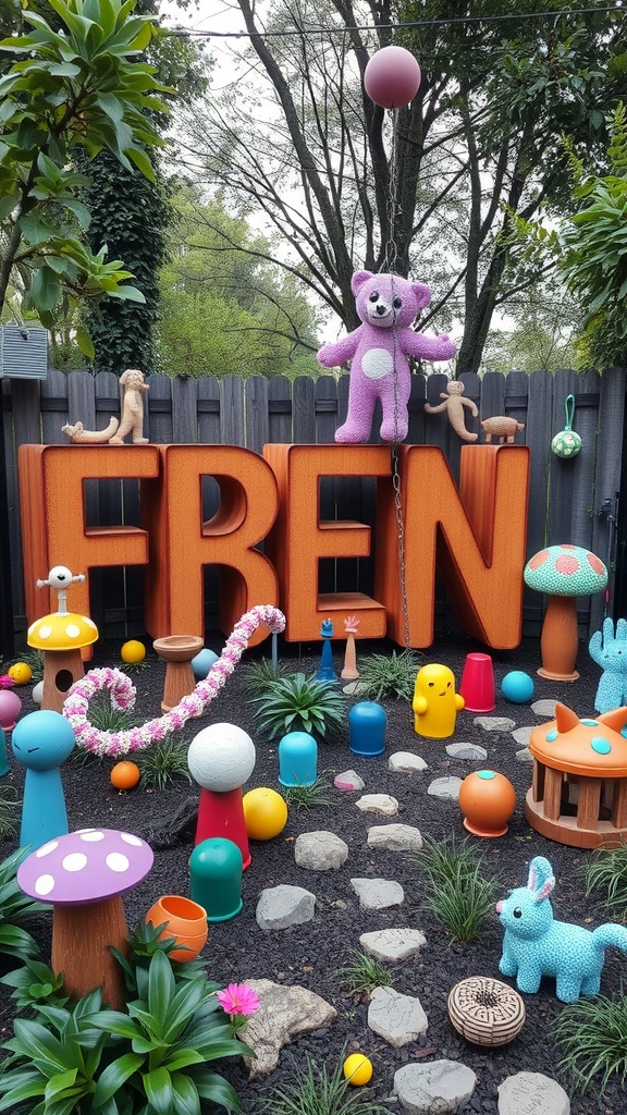 A whimsical garden featuring colorful decorations, including large letters, a pink bear, mushrooms, and playful creatures.