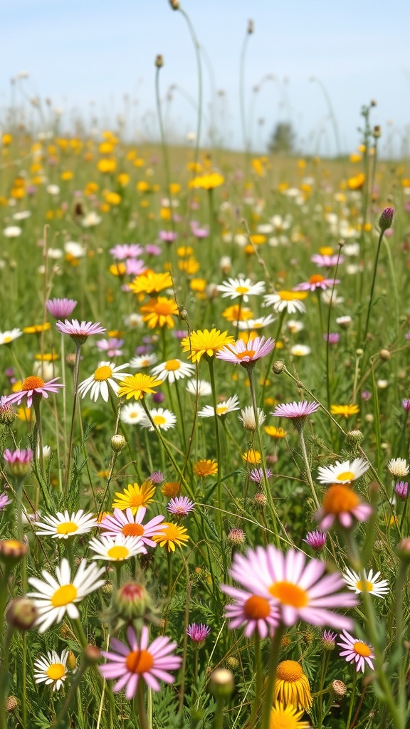 A colorful wildflower meadow filled with daisies, poppies, and other wildflowers.