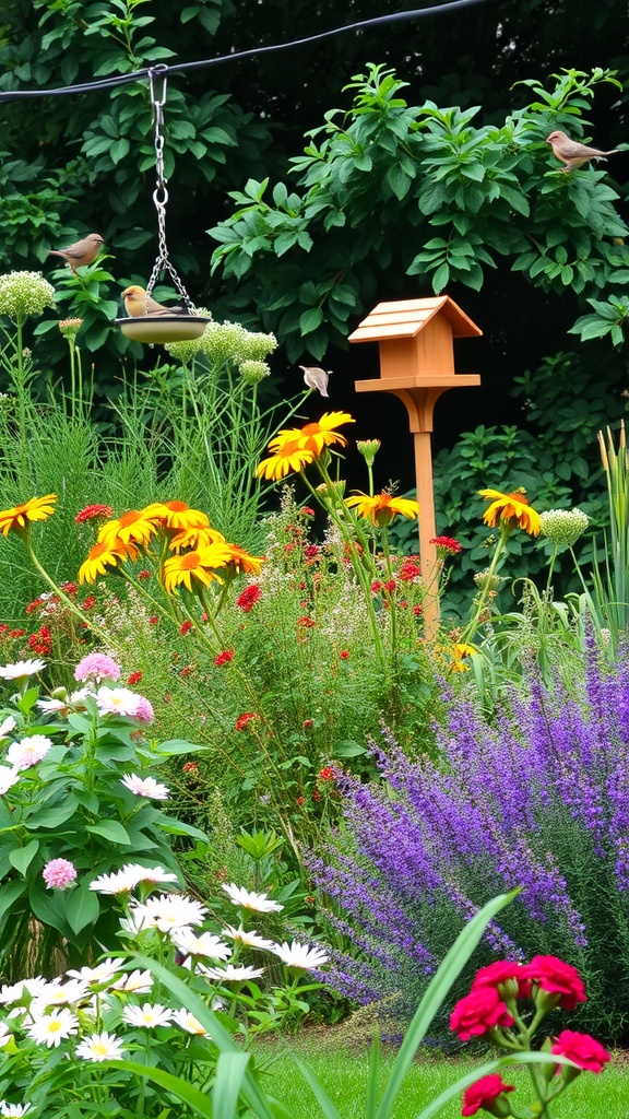 A colorful garden with flowers and a bird feeder, attracting birds.