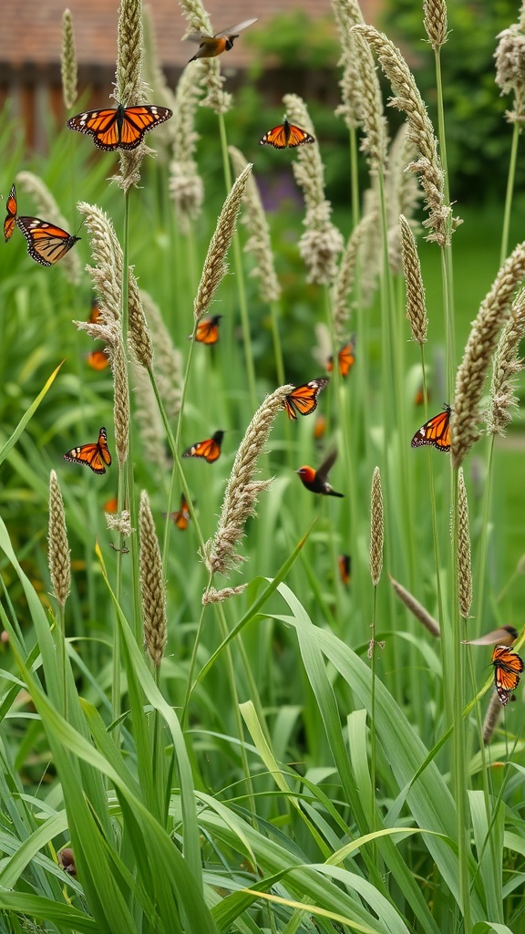 A lush landscape featuring tall ornamental grasses with butterflies fluttering around.