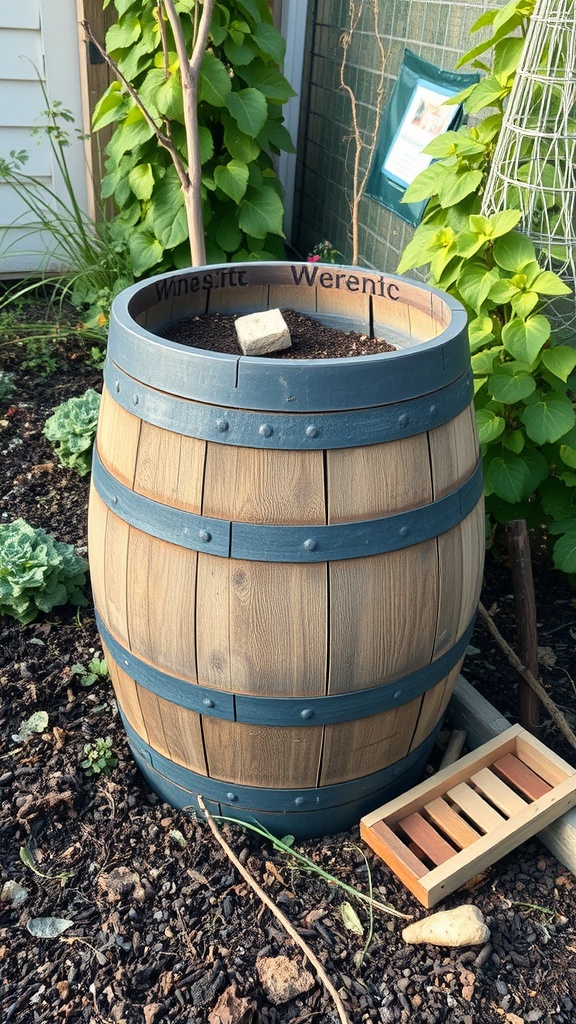 A wooden wine barrel compost bin in a garden setting