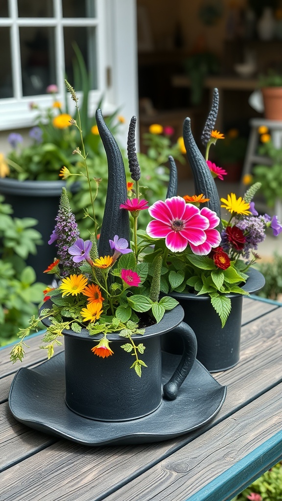 Two black witch hat planters filled with colorful flowers on a wooden table.