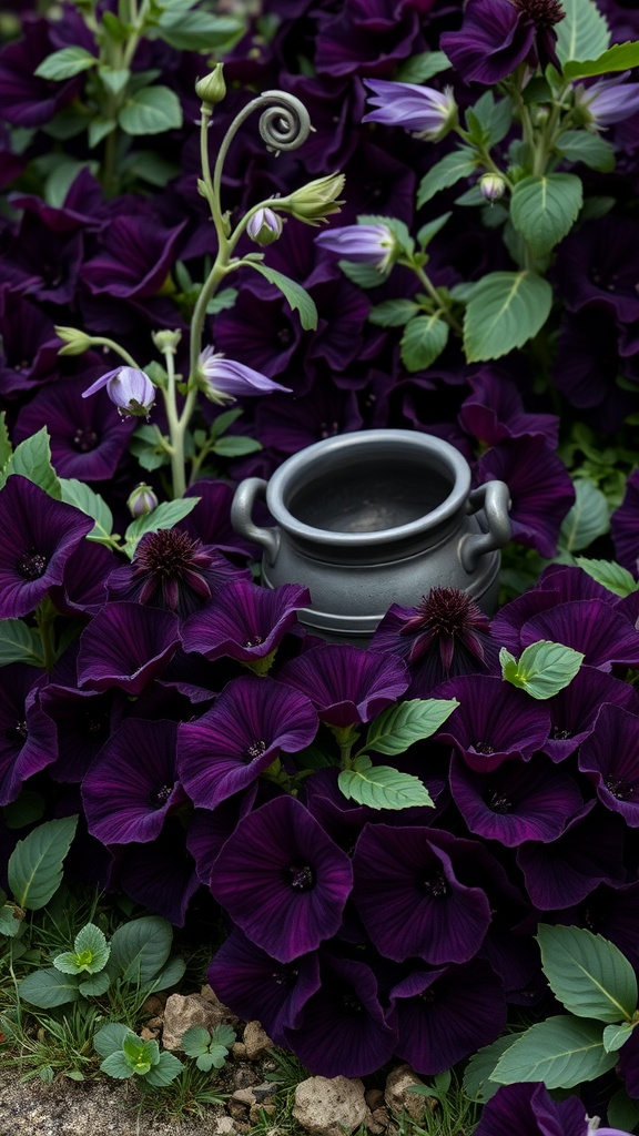 A flower bed with deep purple flowers surrounding a black cauldron.