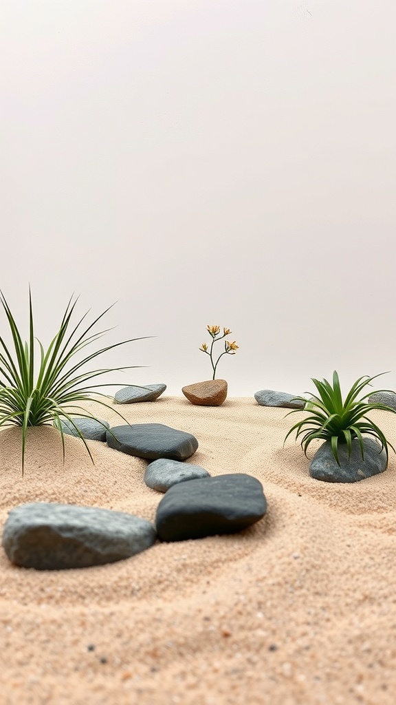 A serene Zen garden with smooth stones, sand, and small plants.