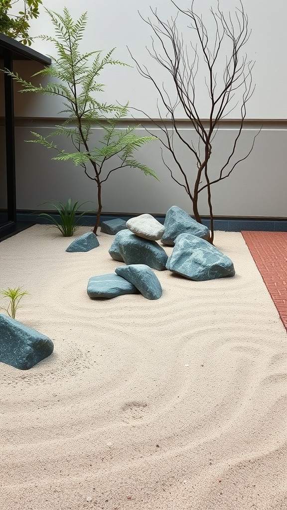 A minimalist Zen garden featuring smooth sand, rocks, and trees.