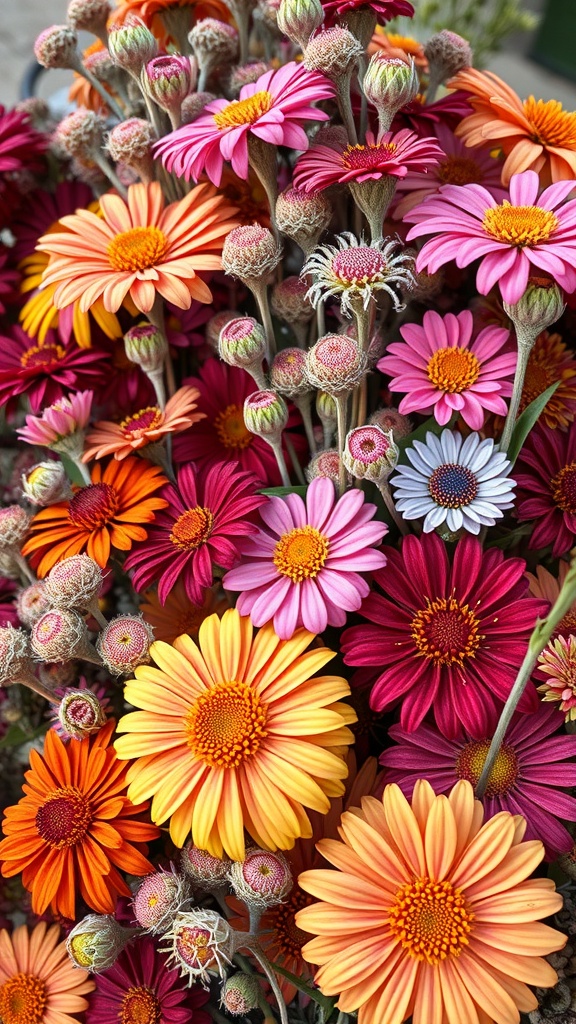 A vibrant display of zinnias in various colors including yellow, pink, and orange.