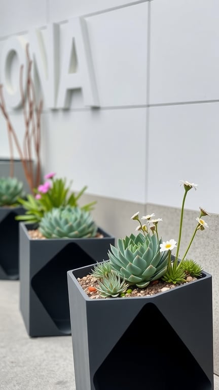 Modern geometric planters with succulents and flowers