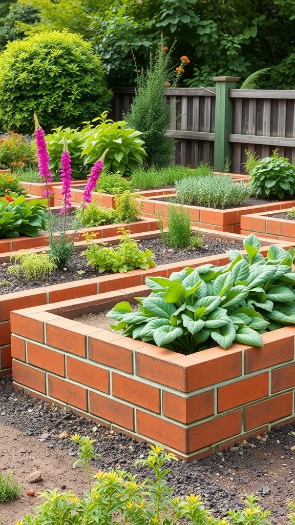 Raised garden beds bordered with brick edging, filled with various plants and herbs.