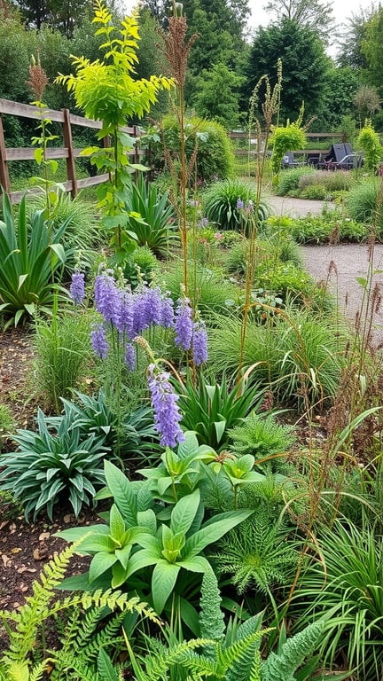 A vibrant garden with various plants, including purple flowers and lush greenery, promoting biodiversity.