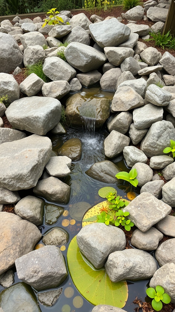 A tranquil water feature surrounded by smooth stones and lily pads in a rockery garden.