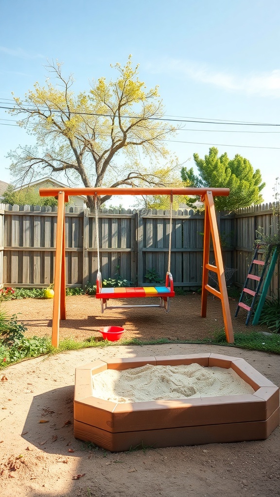 A backyard play area featuring a swing set and a sandbox under a clear blue sky.