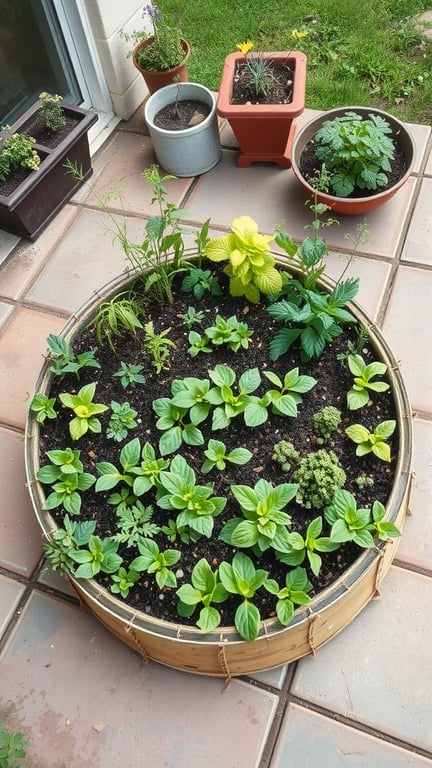 A circular herb spiral garden filled with various green plants, showcasing a mix of herbs in a small patio setting.