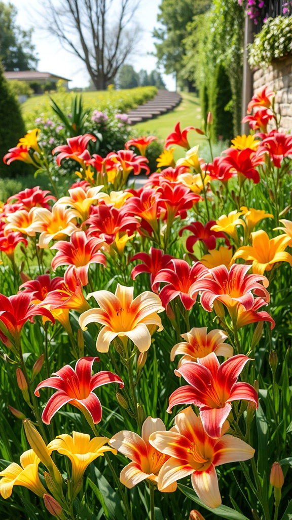 A vibrant display of red, yellow, and orange daylilies in a sunny garden setting.