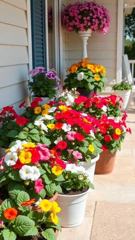 Colorful display of potted petunias in various colors on a porch