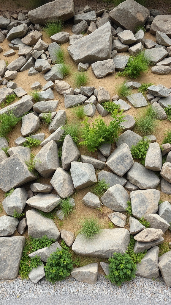 A landscape featuring large rocks and greenery for erosion control