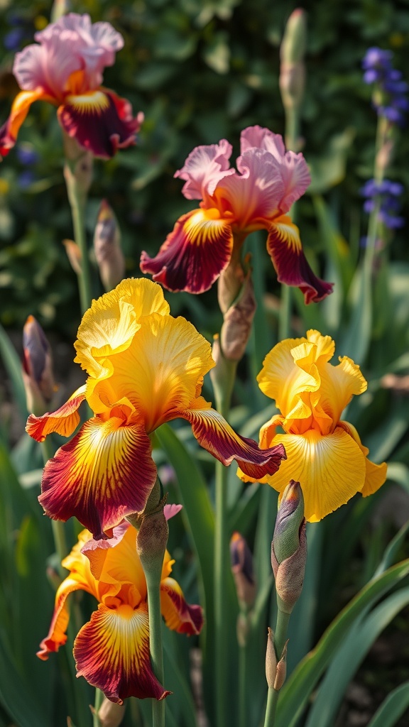 Colorful fall-blooming irises in various shades of yellow, red, and pink.