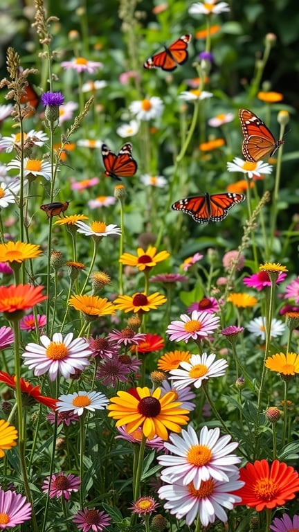A vibrant garden filled with colorful flowers and butterflies.
