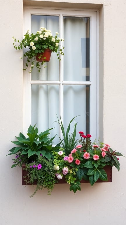 A colorful window box garden filled with various flowers and greenery, enhancing an urban window.