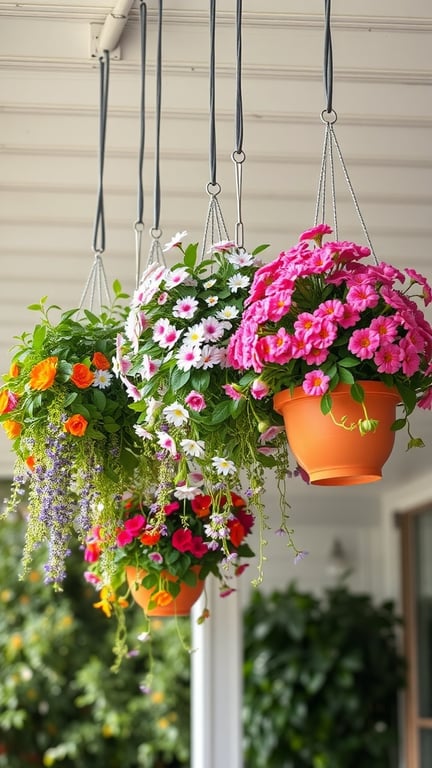 Colorful hanging planters filled with flowers in a patio setting