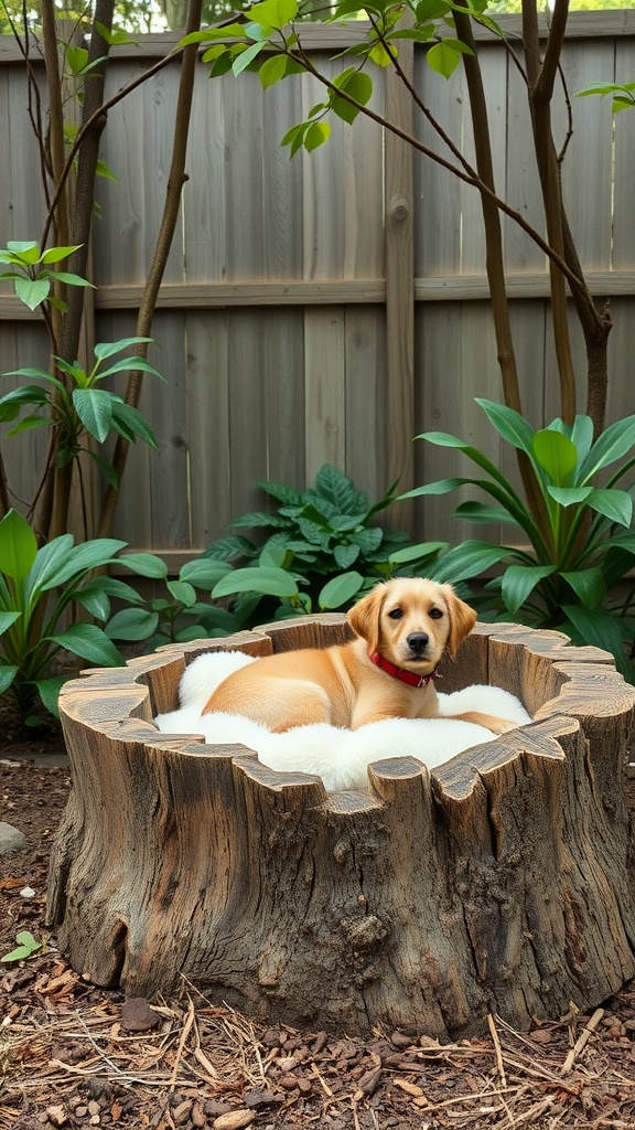 A cute dog resting in a tree stump pet bed surrounded by plants.