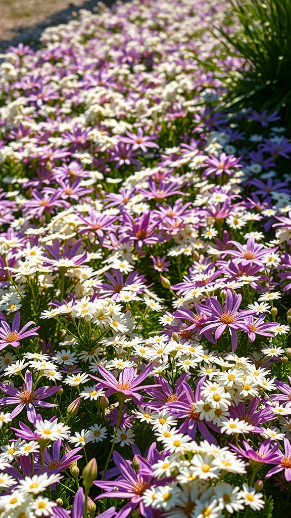 A vibrant display of Alyssum flowers in purple and white, creating a colorful ground cover.