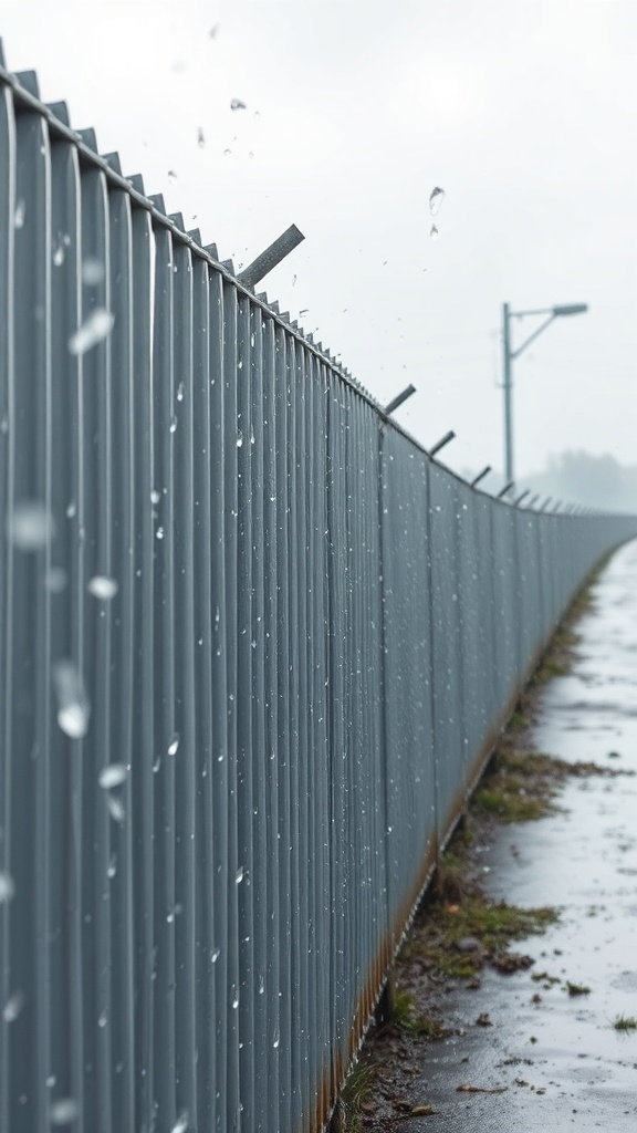 A corrugated metal fence with rain droplets on it, showcasing its weather resistance.