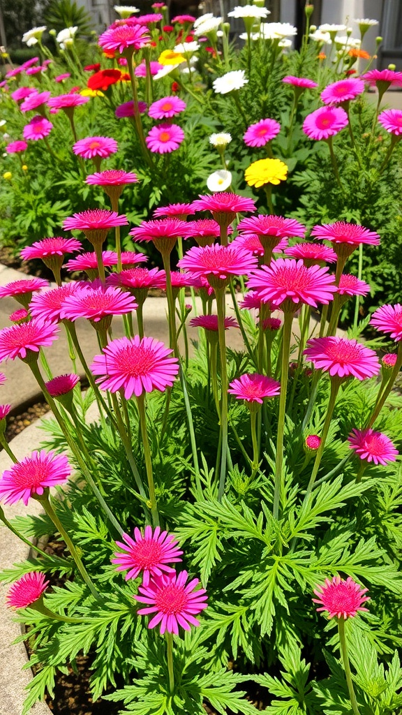 A vibrant display of pink yarrow flowers in a sunny garden setting.