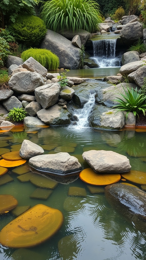 A serene water feature with large rocks and cascading waterfalls