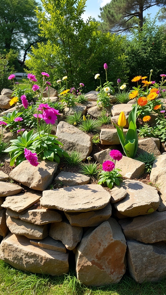 A tiered garden bed made of large rocks filled with colorful flowers.