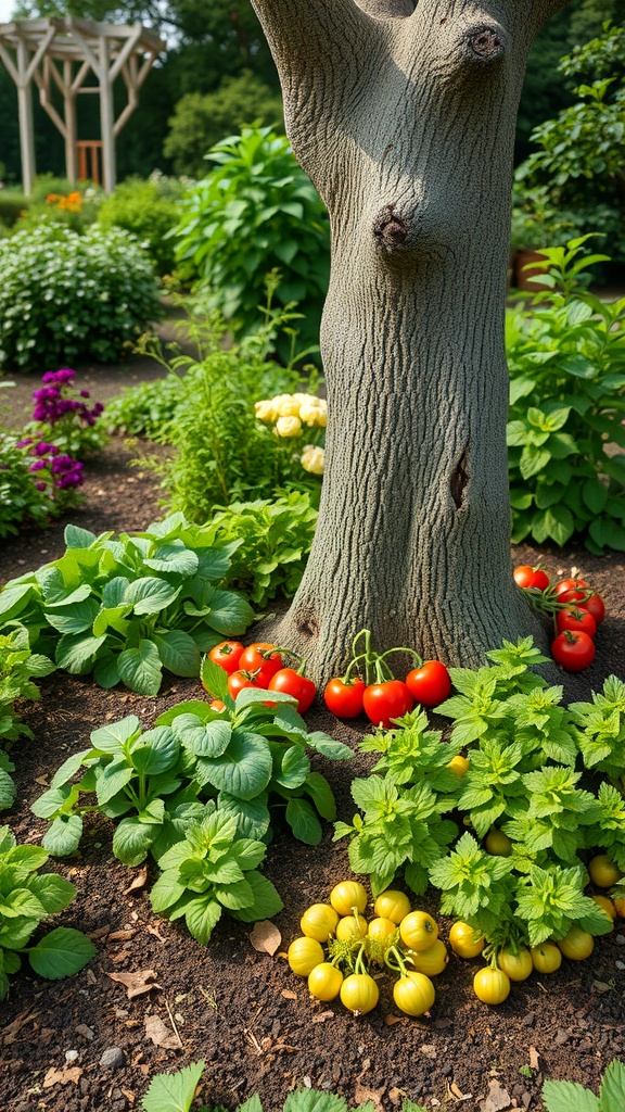 A garden scene featuring a tree surrounded by various edible plants including tomatoes and potatoes.